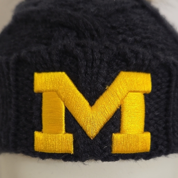 NCAA Michigan Wolverines Knit Beanie with Fur Pom - Maize & Blue - OS - Picture 6 of 10